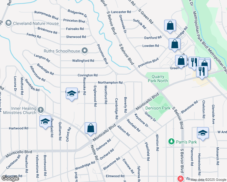 map of restaurants, bars, coffee shops, grocery stores, and more near 868 Cambridge Road in Cleveland Heights