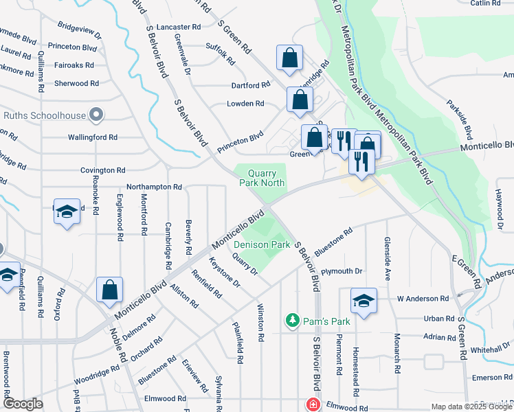 map of restaurants, bars, coffee shops, grocery stores, and more near 4095 Monticello Boulevard in Cleveland Heights