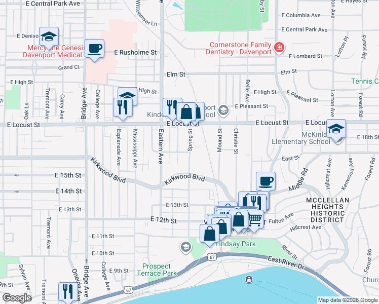 map of restaurants, bars, coffee shops, grocery stores, and more near 1599 Spring St in Davenport