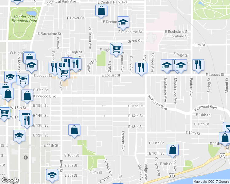 map of restaurants, bars, coffee shops, grocery stores, and more near 1605 Arlington Avenue in Davenport