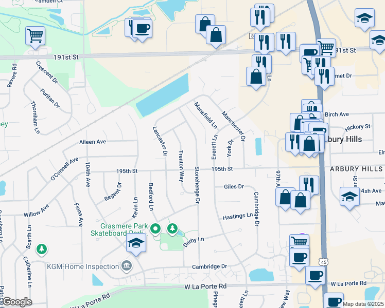 map of restaurants, bars, coffee shops, grocery stores, and more near 19434 Stonehenge Drive in Mokena