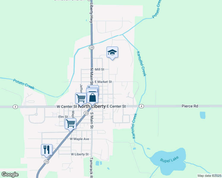 map of restaurants, bars, coffee shops, grocery stores, and more near 203 South Washington Street in North Liberty