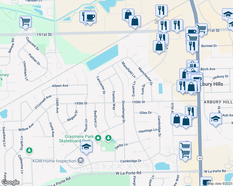 map of restaurants, bars, coffee shops, grocery stores, and more near 19434 Stonehenge Drive in Mokena