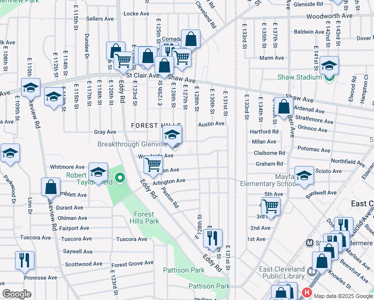 map of restaurants, bars, coffee shops, grocery stores, and more near 12627 Woodside Avenue in Cleveland