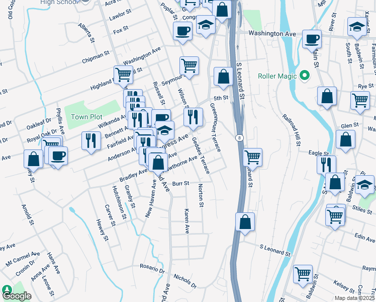 map of restaurants, bars, coffee shops, grocery stores, and more near 67 Avon Avenue in Waterbury