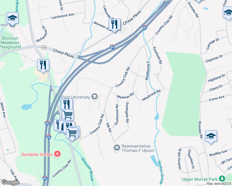map of restaurants, bars, coffee shops, grocery stores, and more near 21 Medway Road in Waterbury