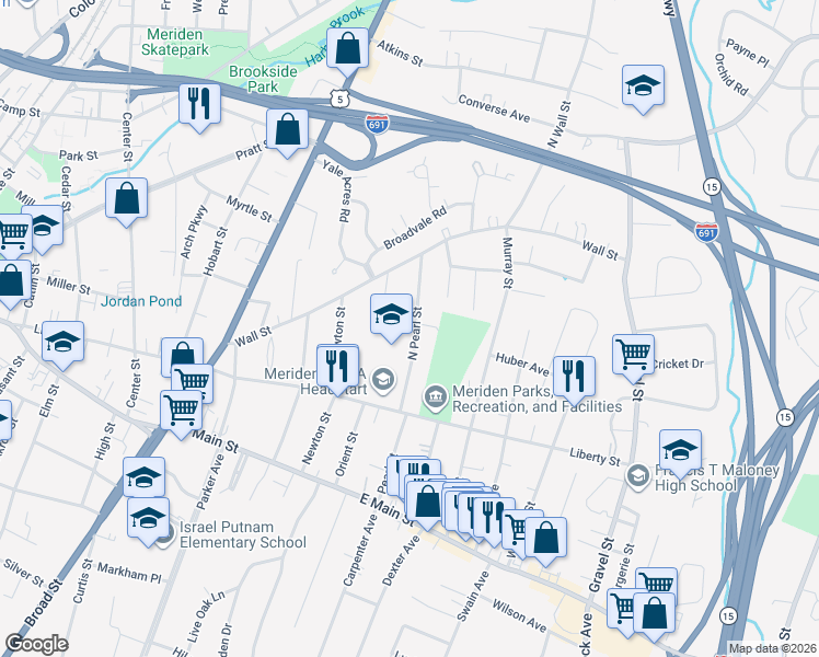 map of restaurants, bars, coffee shops, grocery stores, and more near 88 North Pearl Street in Meriden