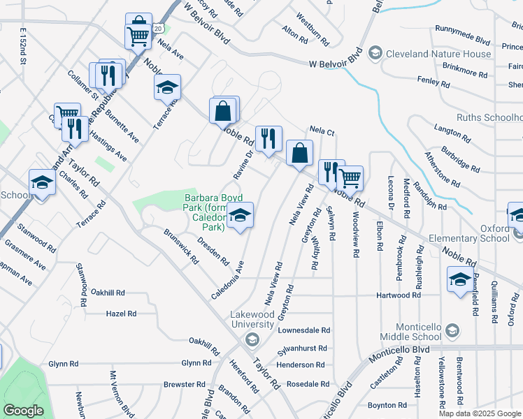 map of restaurants, bars, coffee shops, grocery stores, and more near 863 Caledonia Avenue in Cleveland Heights
