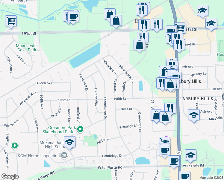 map of restaurants, bars, coffee shops, grocery stores, and more near 19434 Everett Lane in Mokena