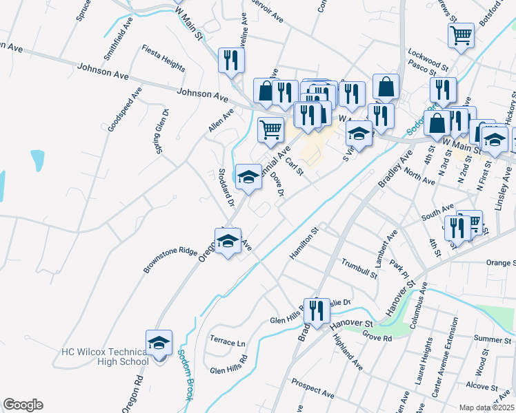 map of restaurants, bars, coffee shops, grocery stores, and more near 164 Centennial Avenue in Meriden