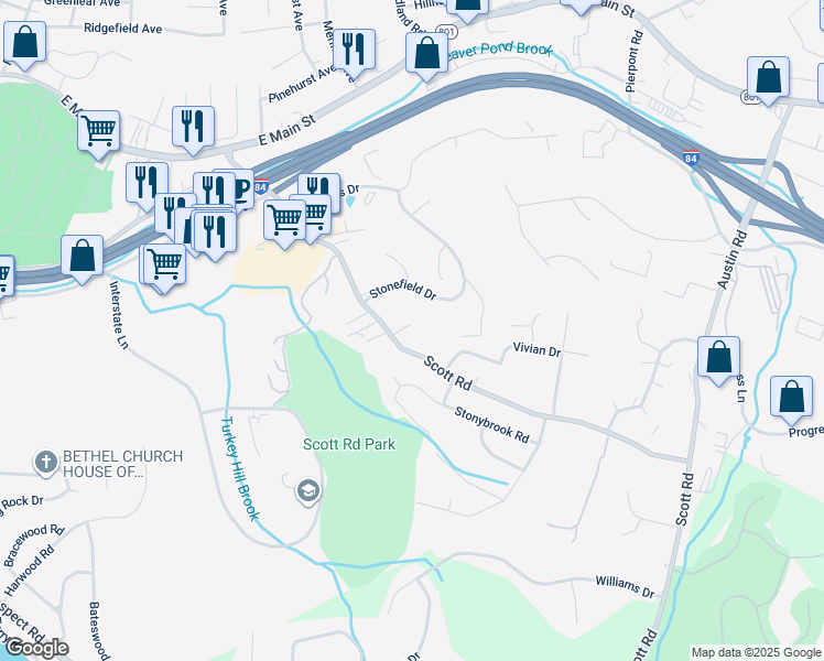 map of restaurants, bars, coffee shops, grocery stores, and more near 20 Hart Circle in Waterbury