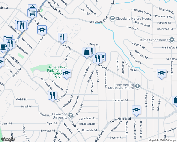 map of restaurants, bars, coffee shops, grocery stores, and more near 863 Nela View Rd in Cleveland Heights