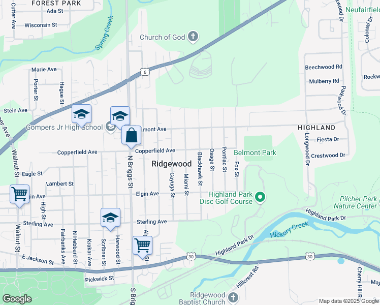 map of restaurants, bars, coffee shops, grocery stores, and more near 537 Blackhawk Street in Joliet