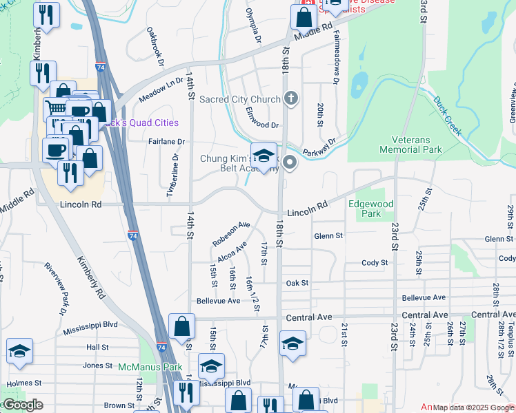 map of restaurants, bars, coffee shops, grocery stores, and more near 1636 Lincoln Road in Bettendorf