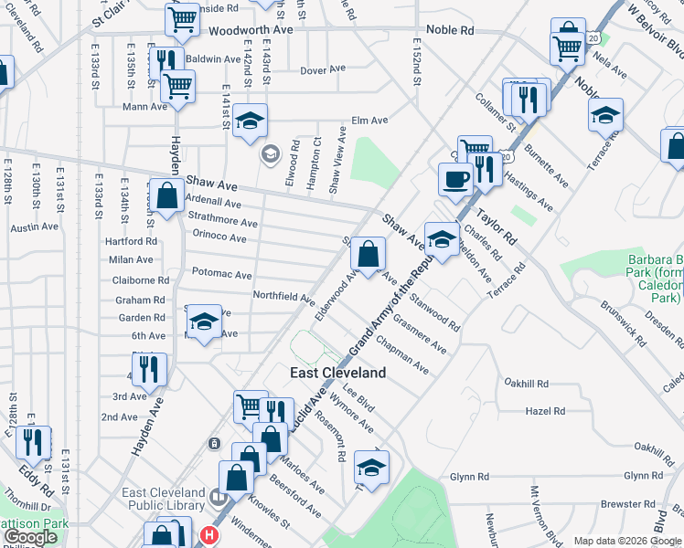 map of restaurants, bars, coffee shops, grocery stores, and more near 14925 Elderwood Avenue in East Cleveland
