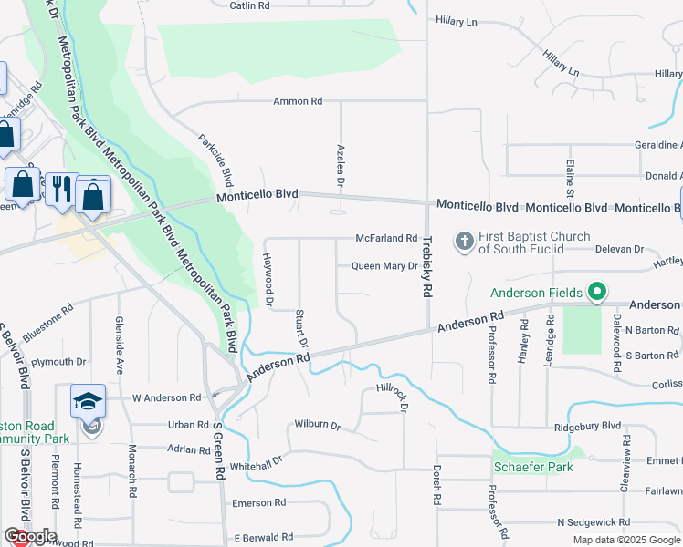 map of restaurants, bars, coffee shops, grocery stores, and more near 4560 Queen Mary Drive in South Euclid