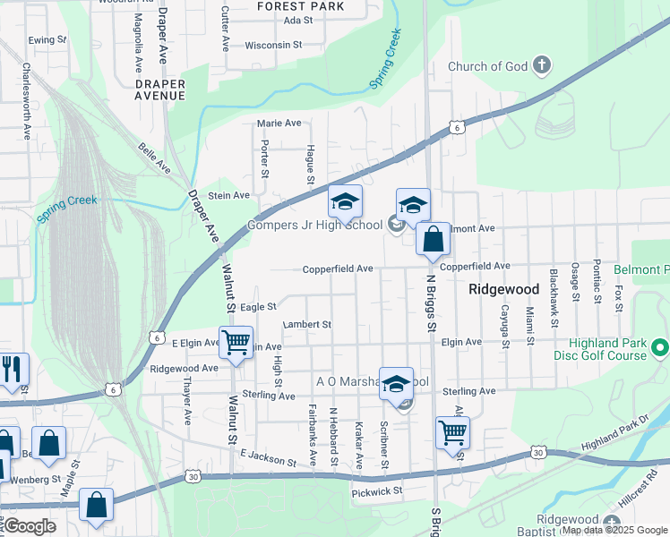 map of restaurants, bars, coffee shops, grocery stores, and more near 1405 Copperfield Avenue in Joliet