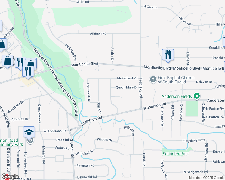 map of restaurants, bars, coffee shops, grocery stores, and more near 4560 Queen Mary Dr in South Euclid