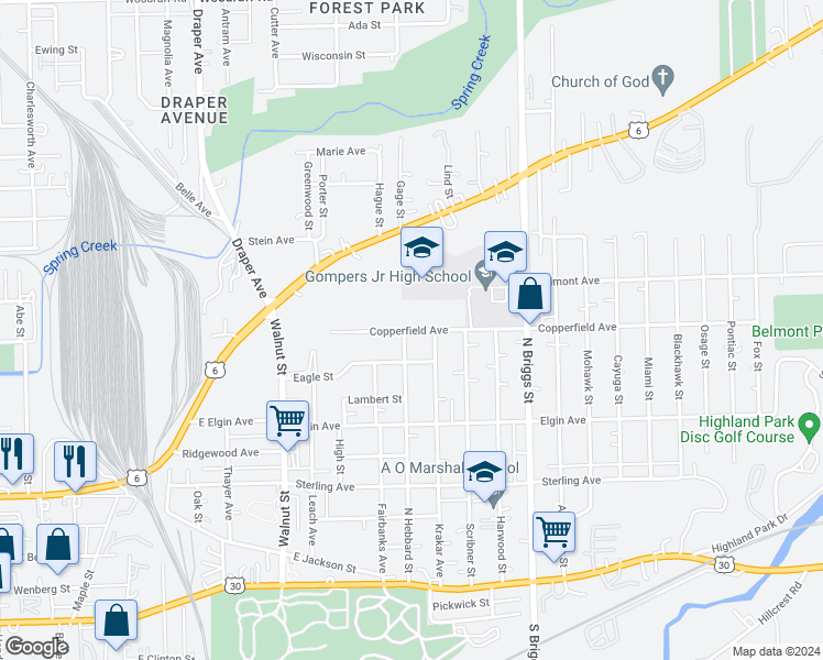 map of restaurants, bars, coffee shops, grocery stores, and more near 1407 Copperfield Avenue in Joliet