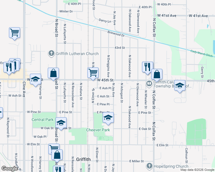 map of restaurants, bars, coffee shops, grocery stores, and more near 630 E Ash Pl in Griffith