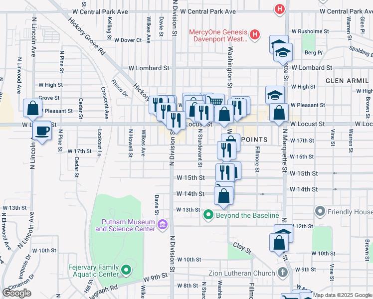 map of restaurants, bars, coffee shops, grocery stores, and more near 1629 W 17th St in Davenport