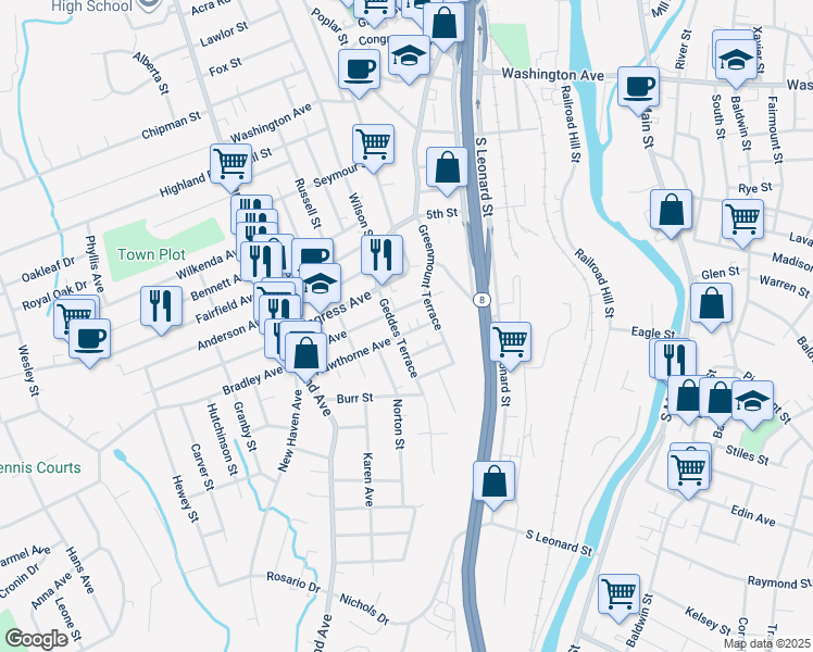 map of restaurants, bars, coffee shops, grocery stores, and more near 30 Hawthorne Avenue in Waterbury