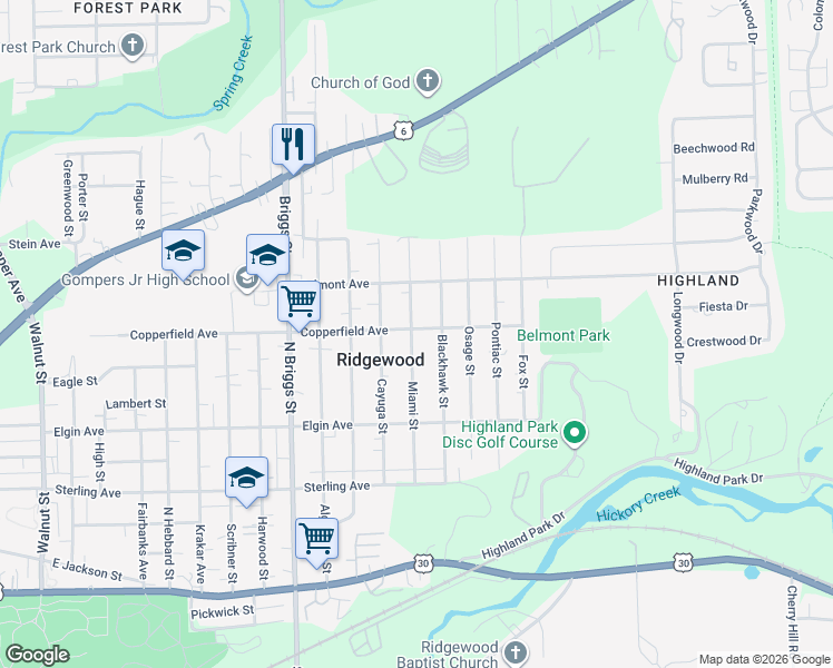 map of restaurants, bars, coffee shops, grocery stores, and more near 1800 Copperfield Avenue in Joliet