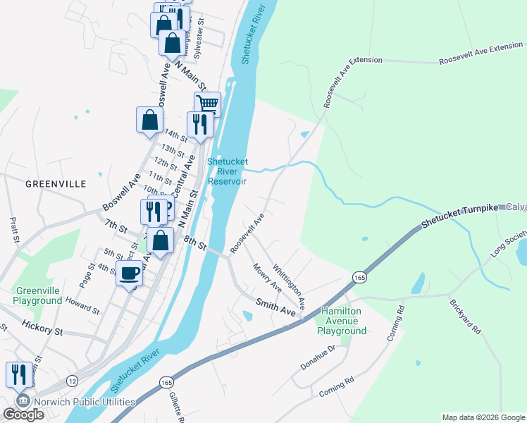 map of restaurants, bars, coffee shops, grocery stores, and more near 72 Roosevelt Ave in Norwich