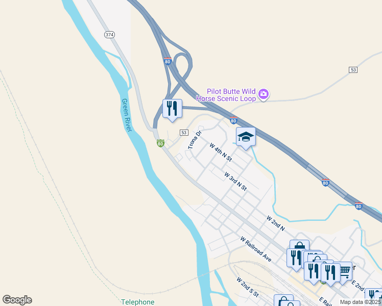 map of restaurants, bars, coffee shops, grocery stores, and more near 1011 Trona Drive in Green River
