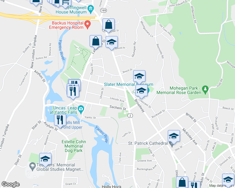 map of restaurants, bars, coffee shops, grocery stores, and more near 1 Lincoln Terrace in Norwich