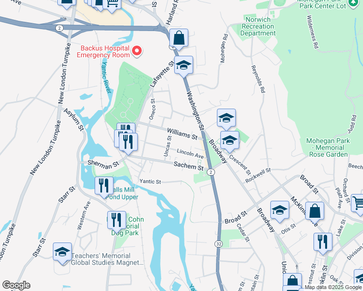 map of restaurants, bars, coffee shops, grocery stores, and more near 1 Lincoln Terrace in Norwich
