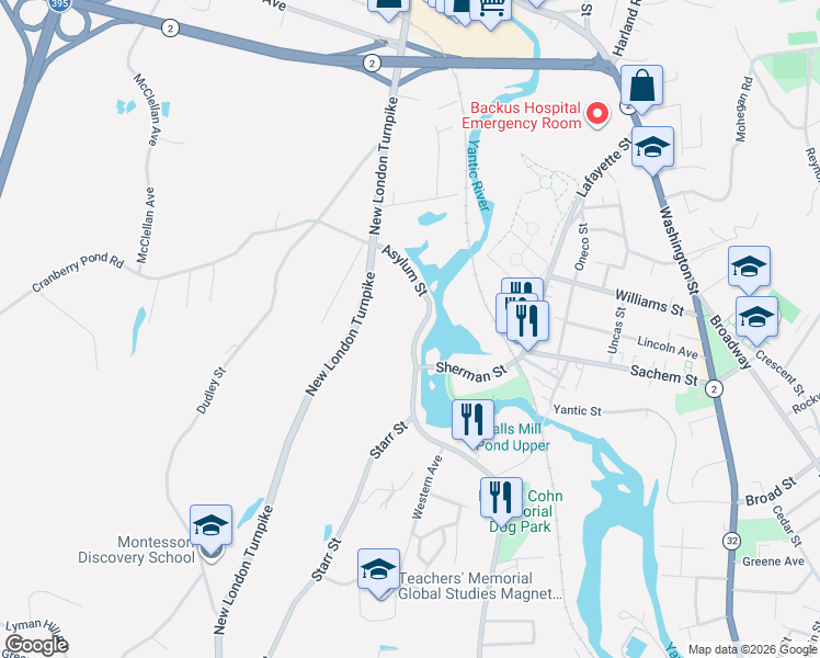 map of restaurants, bars, coffee shops, grocery stores, and more near 1423 Old Pond Lane in Norwich
