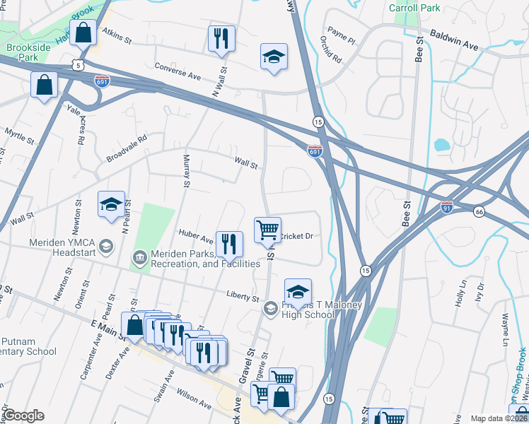 map of restaurants, bars, coffee shops, grocery stores, and more near 302 Gravel Street in Meriden