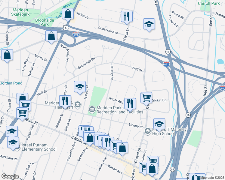 map of restaurants, bars, coffee shops, grocery stores, and more near 240 Sunset Avenue in Meriden