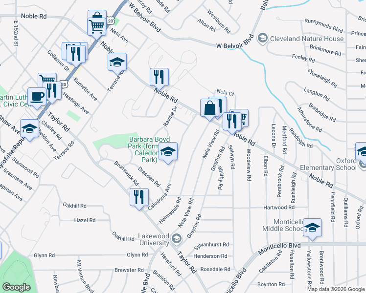 map of restaurants, bars, coffee shops, grocery stores, and more near 863 Caledonia Avenue in Cleveland Heights