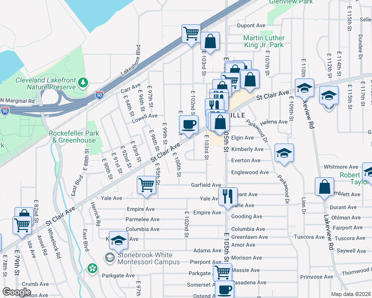 map of restaurants, bars, coffee shops, grocery stores, and more near 10014 Saint Clair Avenue in Cleveland