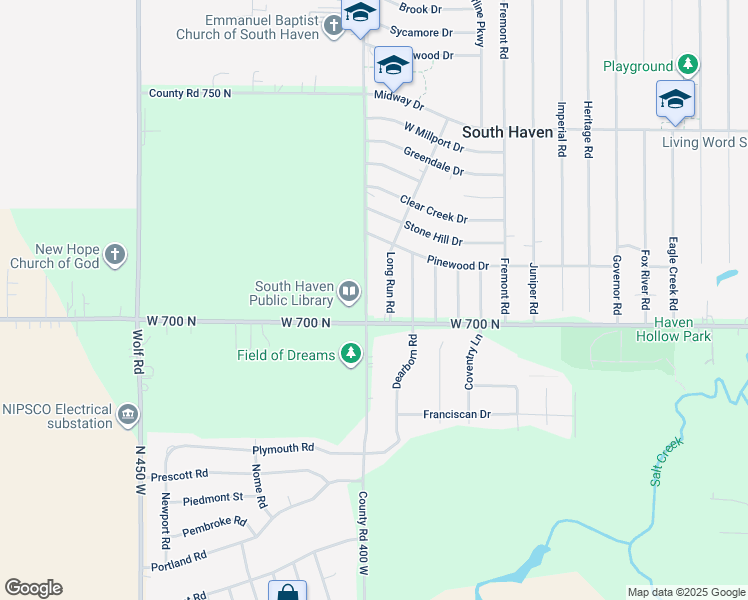 map of restaurants, bars, coffee shops, grocery stores, and more near 700-718 Long Run Road in Valparaiso
