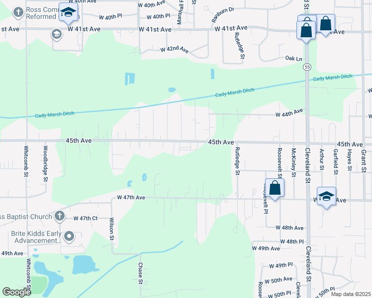 map of restaurants, bars, coffee shops, grocery stores, and more near 2710 West 45th Street in Gary