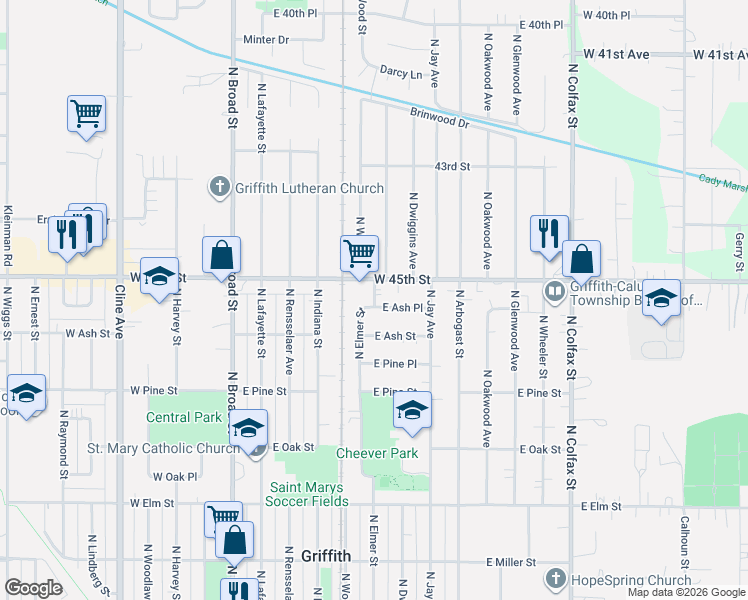 map of restaurants, bars, coffee shops, grocery stores, and more near Griffith Boulevard in Griffith