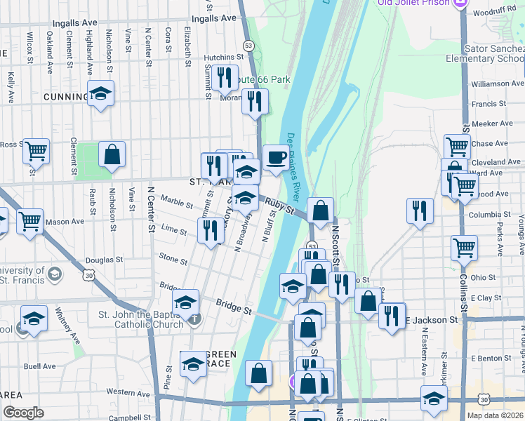 map of restaurants, bars, coffee shops, grocery stores, and more near 649 North Bluff Street in Joliet