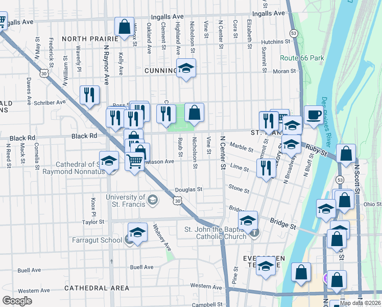 map of restaurants, bars, coffee shops, grocery stores, and more near 704 Raub Street in Joliet