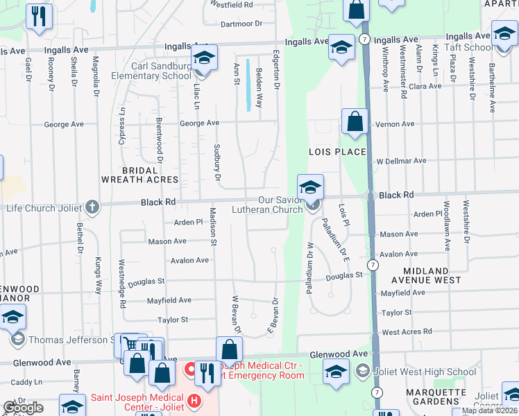 map of restaurants, bars, coffee shops, grocery stores, and more near 2013 Arden Place in Joliet