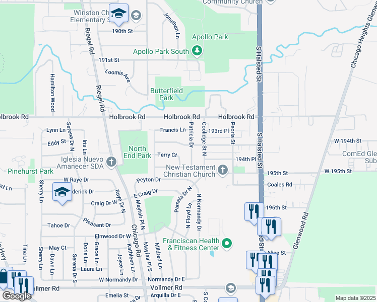 map of restaurants, bars, coffee shops, grocery stores, and more near 344 Patricia Drive in Chicago Heights