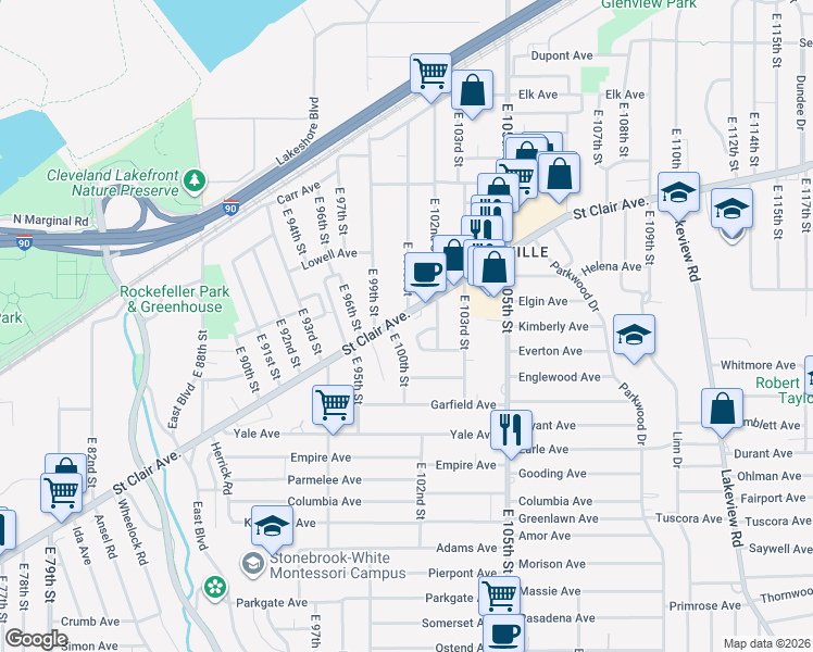 map of restaurants, bars, coffee shops, grocery stores, and more near 10014 Saint Clair Avenue in Cleveland