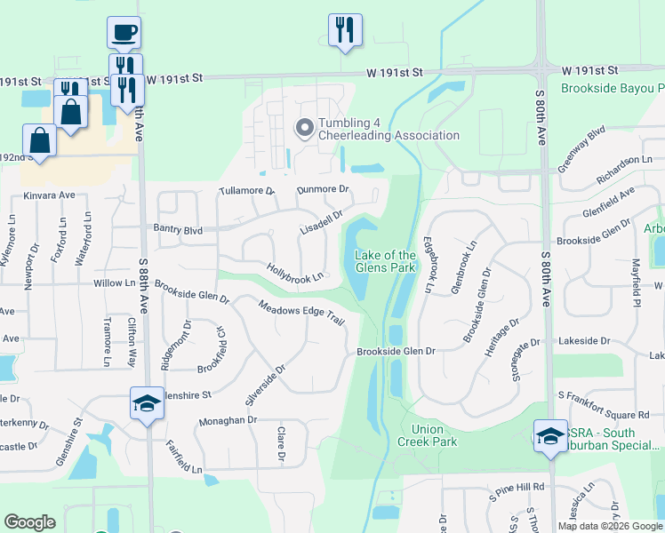 map of restaurants, bars, coffee shops, grocery stores, and more near 8411 Hollybrook Lane in Tinley Park