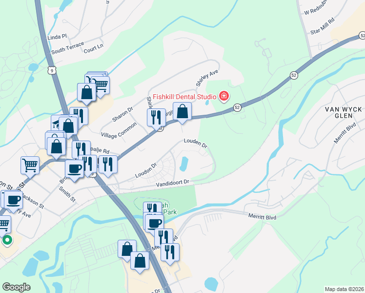 map of restaurants, bars, coffee shops, grocery stores, and more near 6 04 Loudon Drive in Fishkill
