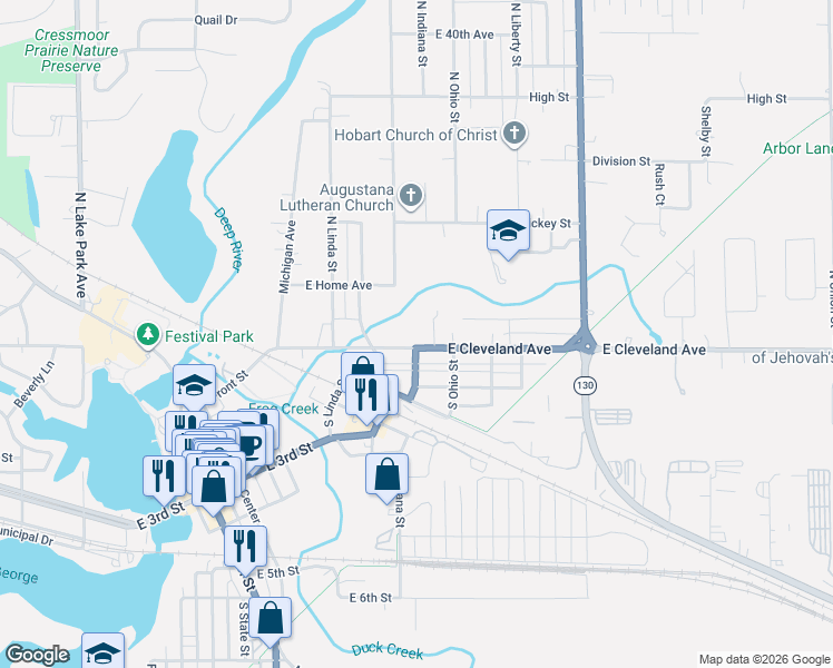 map of restaurants, bars, coffee shops, grocery stores, and more near 920 East Cleveland Avenue in Hobart