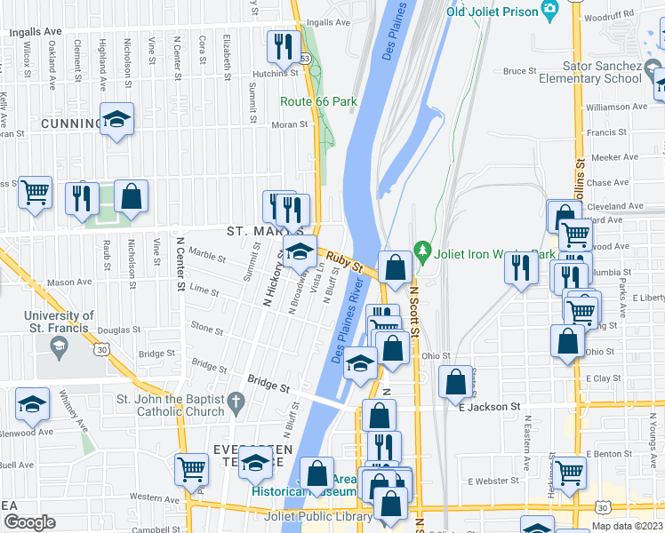 map of restaurants, bars, coffee shops, grocery stores, and more near 651 North Bluff Street in Joliet