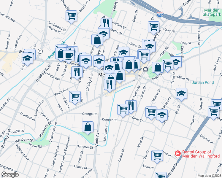 map of restaurants, bars, coffee shops, grocery stores, and more near 111 Hanover Street in Meriden