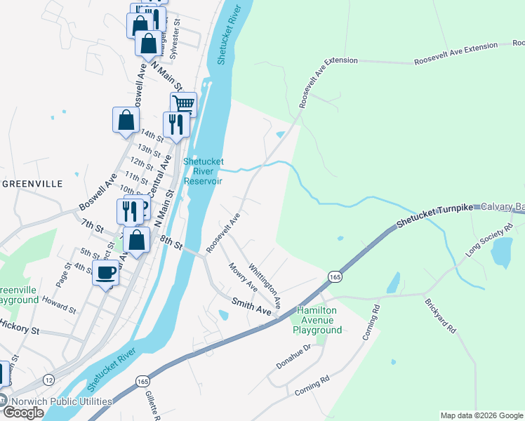 map of restaurants, bars, coffee shops, grocery stores, and more near 7 Higgins Street in Norwich